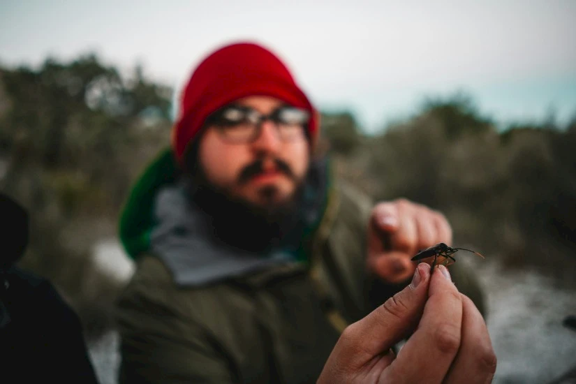 A man holding up an insect and pointing to it